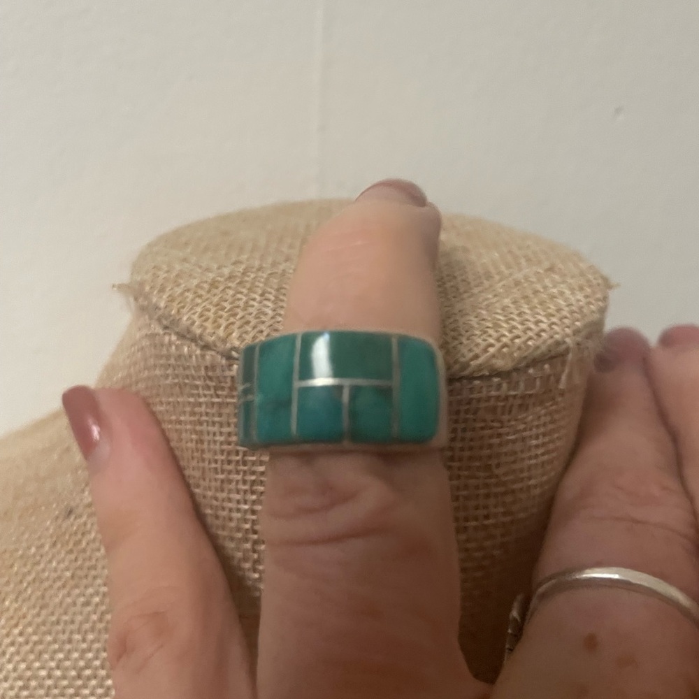 Zuni made; thick shank Turquoise and Silver inlaid Mosaic Ring🌵